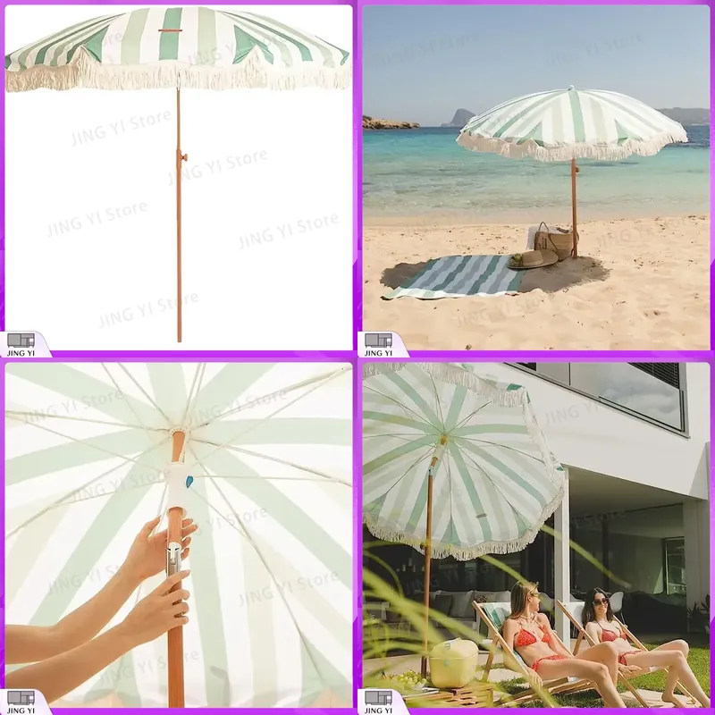 Outdoor Furniture Green - Ombrellone da Spiaggia Portatile a Righe